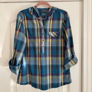 Prana Blue Plaid Half Button Down Hooded Shirt LARGE
